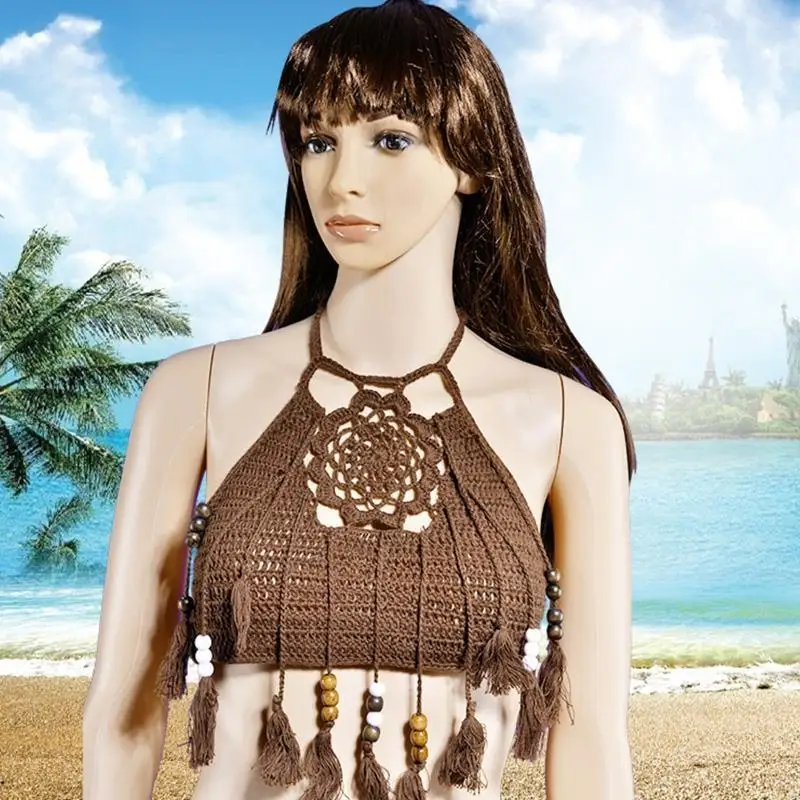 

X9FF Exquisite Halter Crochet Crop Tops Boho Backless Cami Knit Bra Swimwear