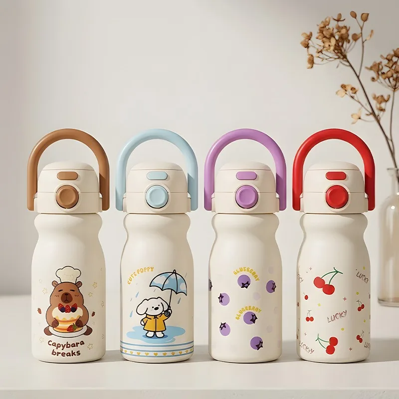 500ML Vacuum Flasks with U-shaped Handle Keep Hot/Cold Cartoon Straw Water Kettle with Pop-up Lid Cute Drinkware Gift