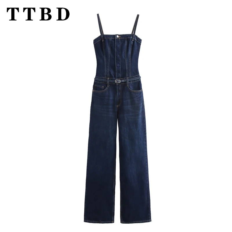 TTBD 2024 Summer Women's Casual Denim Strapless Jumpsuit Drawstring Blue Long Overalls Fashion Streetwear Jeans Jumpsuit