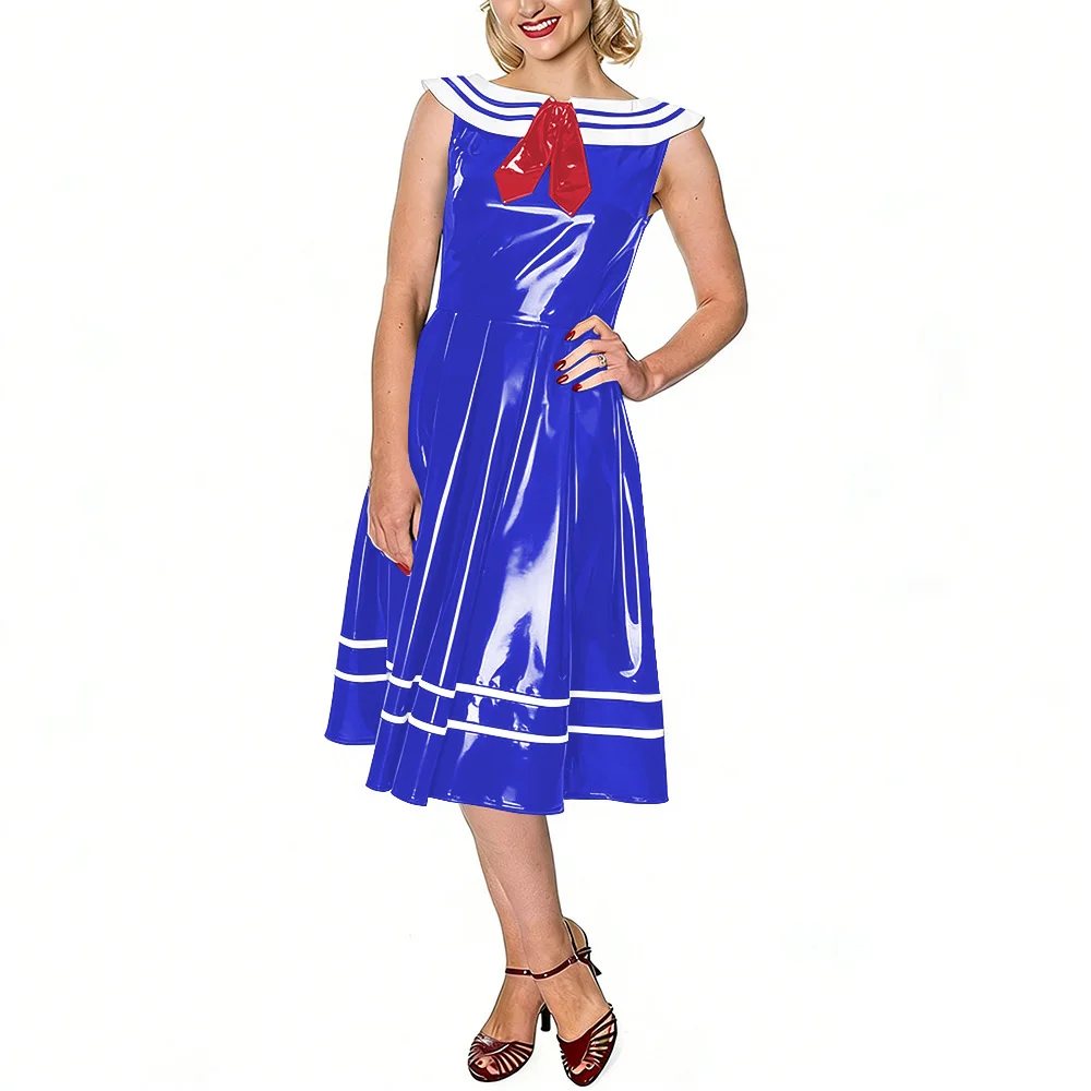 

Vintage Sailor Dress for Women Glossy Leather PVC Sleeveless Midi Swing Dress with White Striped Collar Themed Parties Events