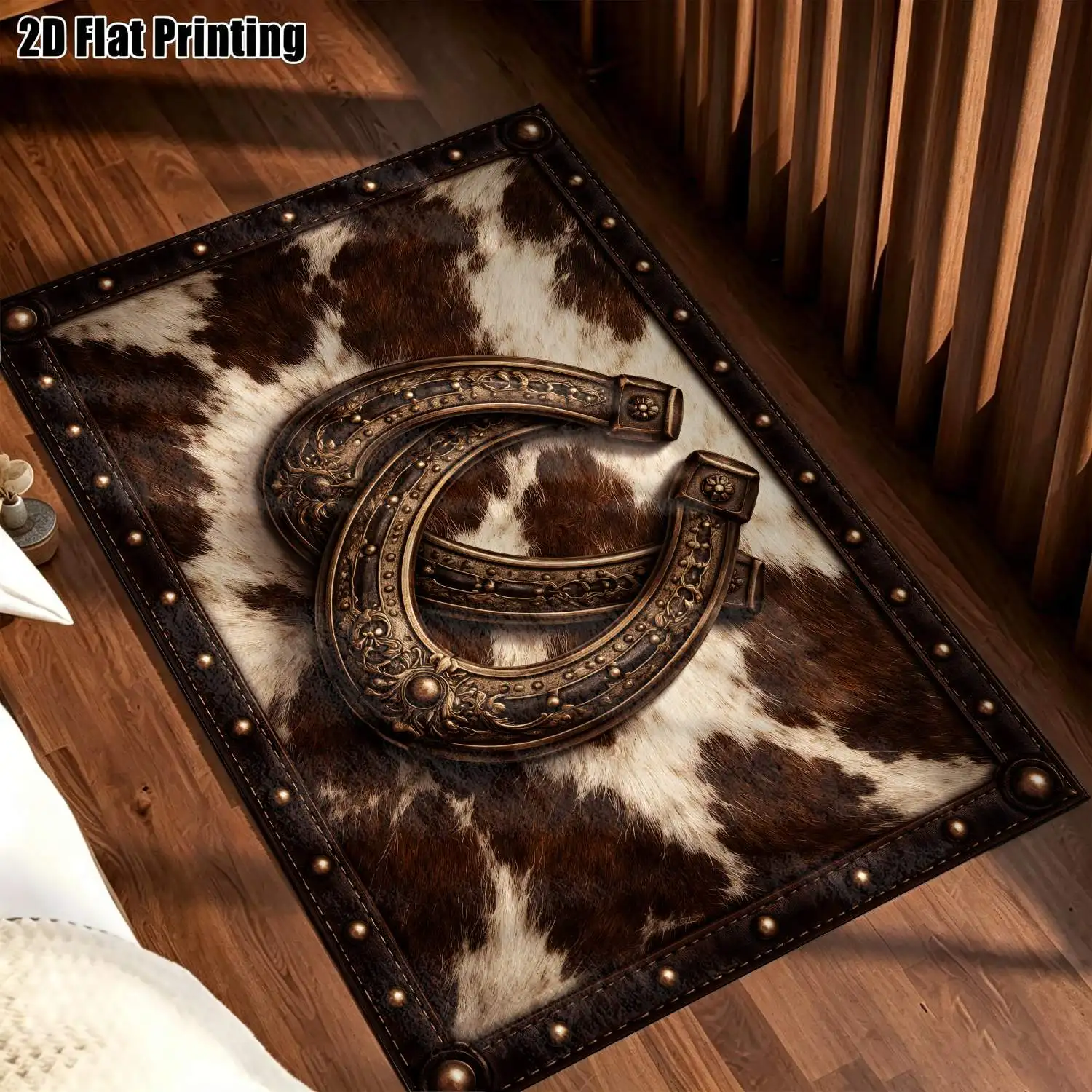 1Pc 2D Printed Carpet: Brown White Floral, Horseshoe Decor, Vintage Boho Geometric European Style, Home Decor, Multi-Size, Machine Washable, Suitable for Entrance/Dining/Foyer/Bedroom/Living Room