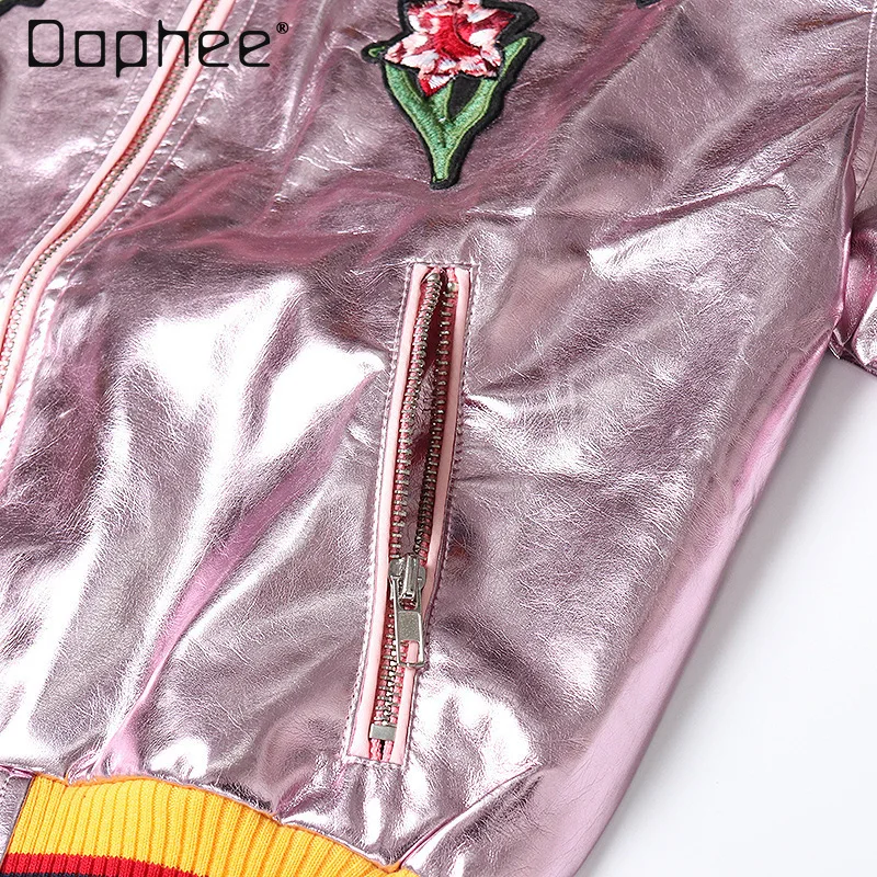 European American Trendy Retro Patchwork Stand Collar Baseball Jacket Floral Embroidery Long Sleeve Short High-end Leather Coat