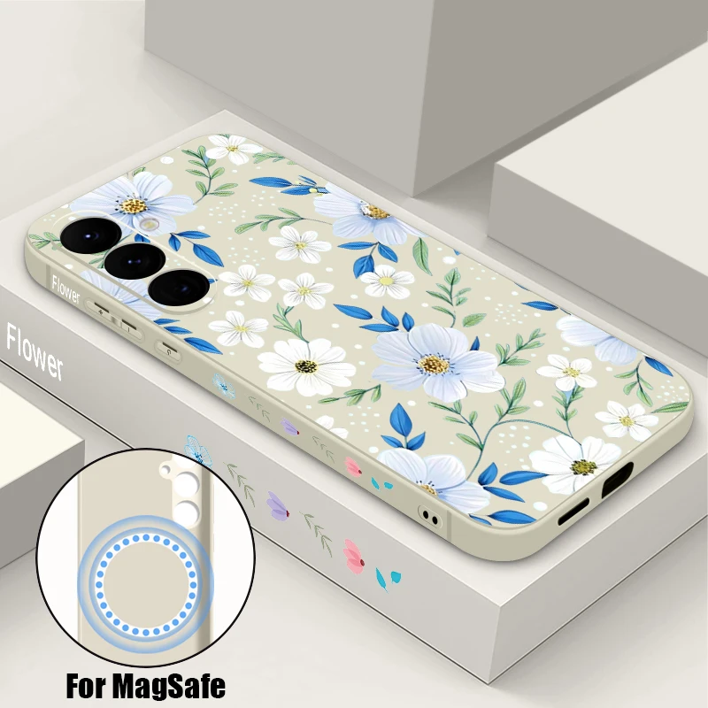 TPU Magnetic Phone Case For Samsung Galaxy S26 S25 S24 S23 Ultra Plus S25 S24 S23 FE S22 Minimalist Flower Pattern Lanyard Cover