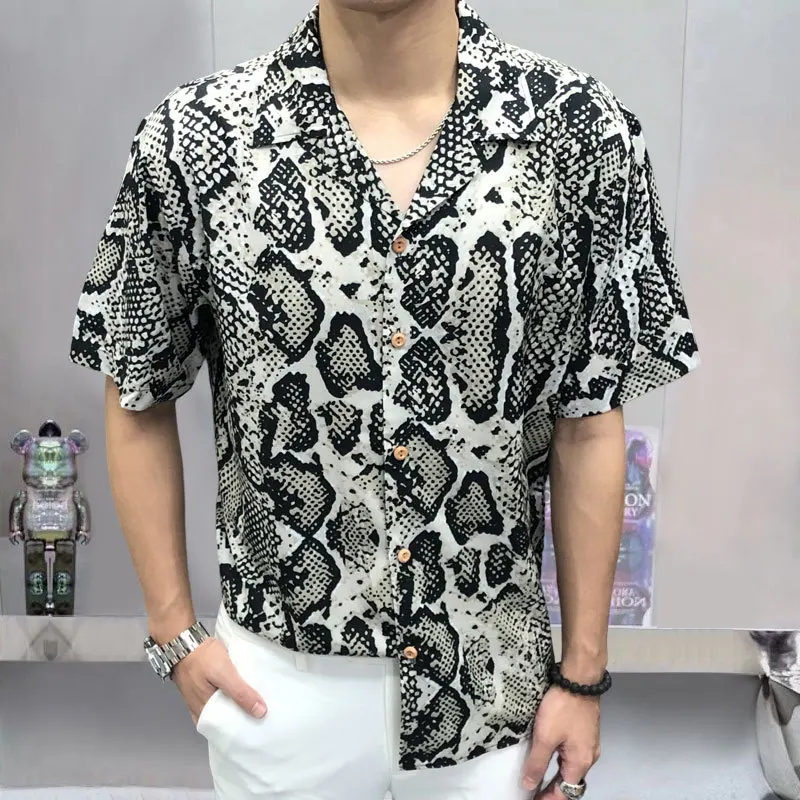 2023 Summer New Snakeskin Print Shirt Short Sleeve Camisa Fashion Masculina Chinese Shirt Casual Men Shirt Streetwear Hombre