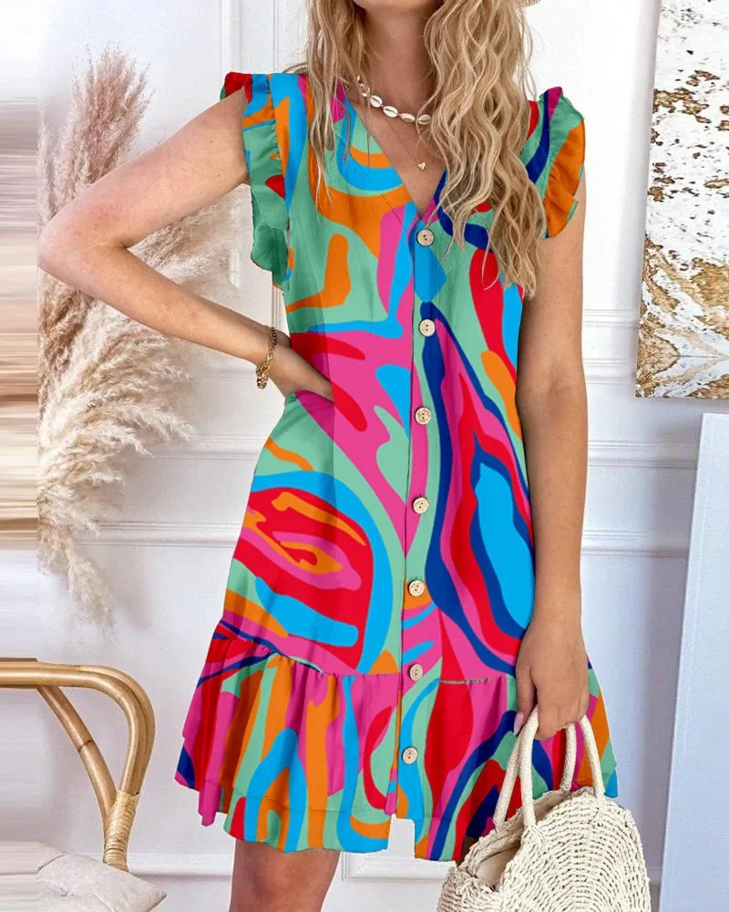 Casual Loose Ruffles Print Shirt Dress Women Summer V-neck Flying Sleeve Dresses For Women 2023 Boho Beach Holiday Vestidos