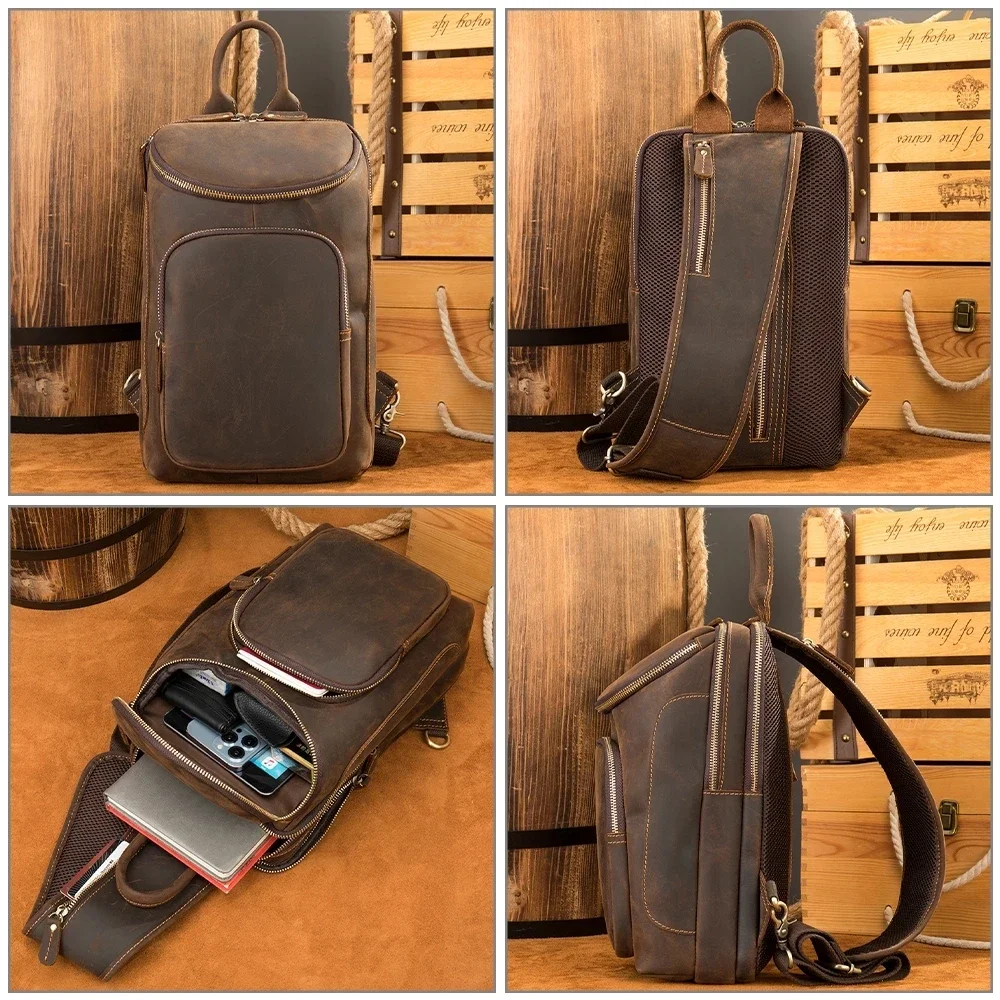 Bolso de pecho cruzado de cuero genuino para hombres, bolsa de mensajero de viaje al aire libre, bolsa de pecho de piel de vaca