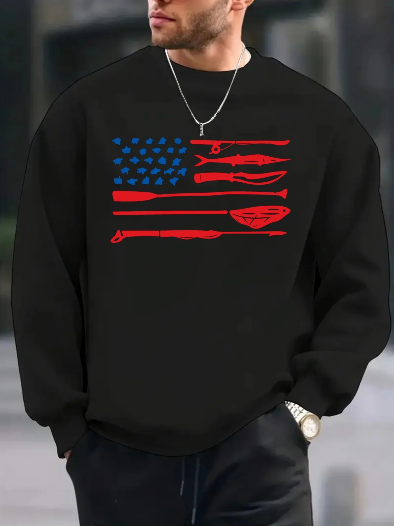 

Men's American flag, patriotic print fashion trend crew neck long-sleeved sweater, comfortable regular version jumper, men's