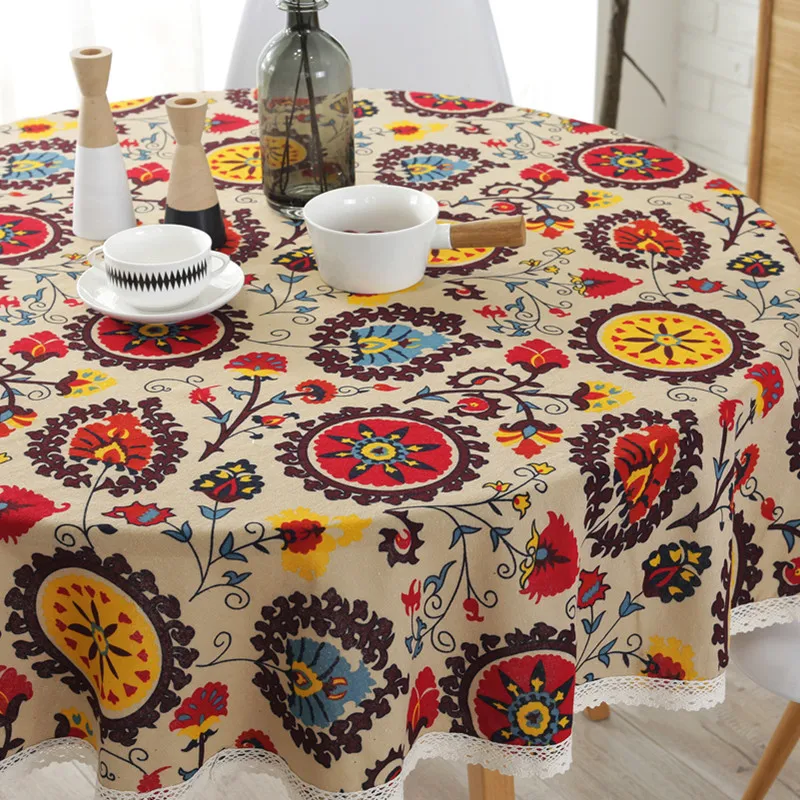 Bohemian Ethnic Style Circular Lace Tablecloth Round Table Cloth Cover Boho Style Home Table Decoration Floral Cotton Linen