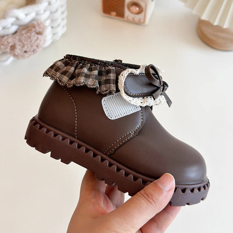 Retro-Stiefeletten für Mädchen mit Karomuster, Spitze und Rüschen, Schleifendekor, Klettverschluss, dicke, gezackte, rutschfeste Sohle, für Kleinkinder, Prinzessinnen-Stil – Detail 8