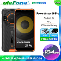 Ulefone Power Armor 16 Pro 4GB 64GB Rugged Waterproof Portable Smartphone 9600mAh Android 12 NFC 2.4G/5G WiFi Global Cellphone