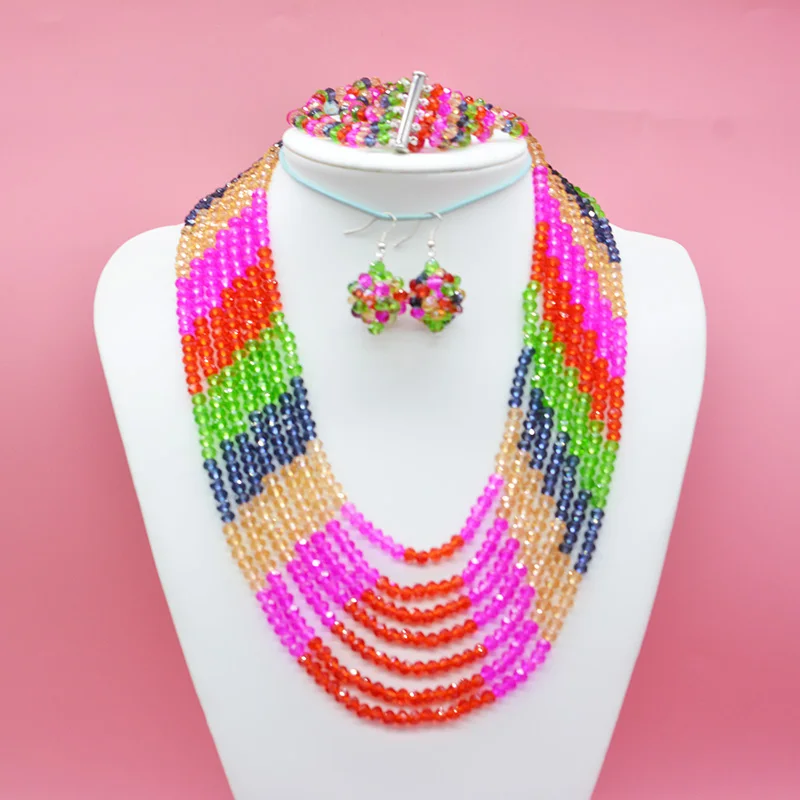 

Colourful Nigerian Party Beads Jewelry Set African Crystal Wedding Gift Set Bridesmaid Jewelry