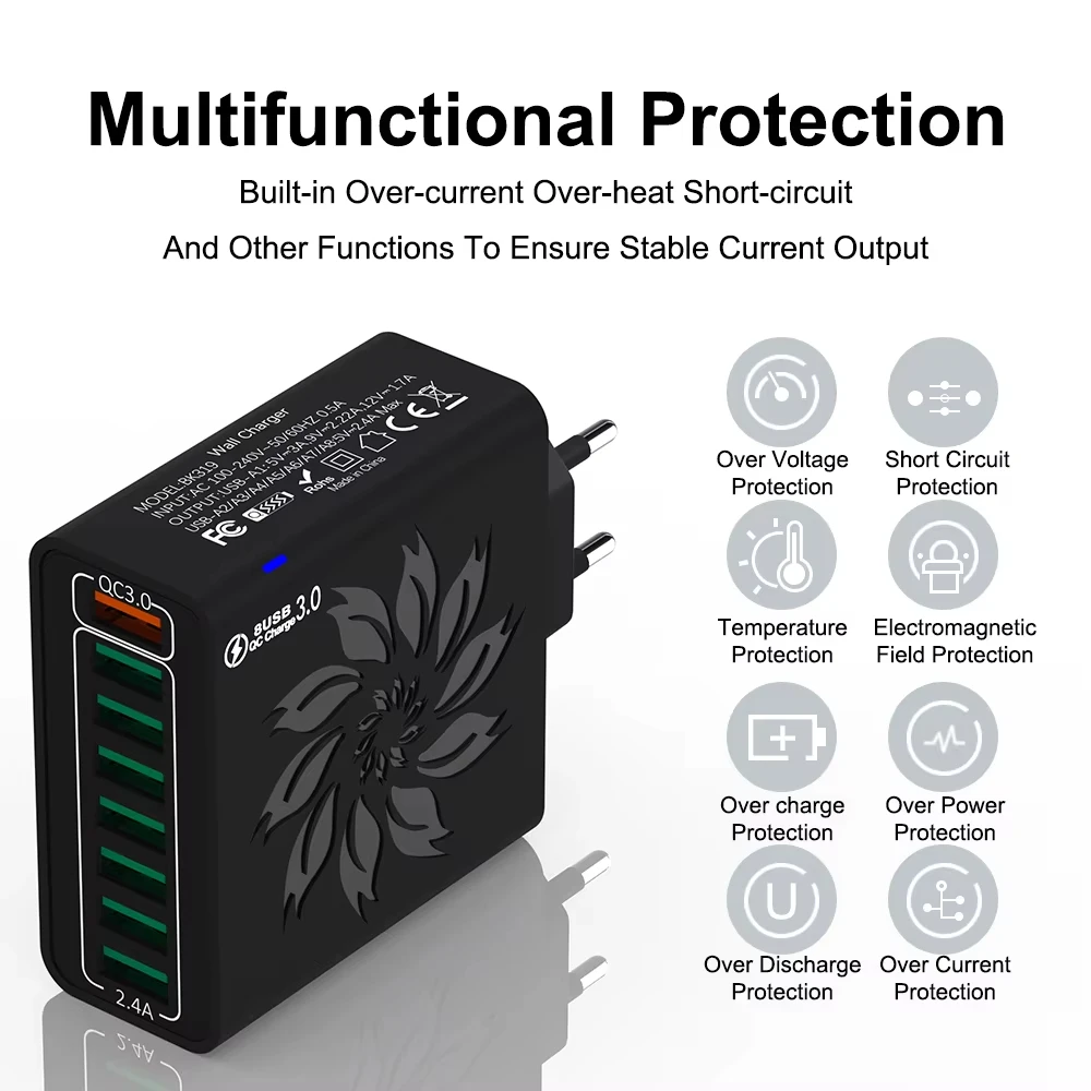 BK319 120 واط 8-Port USB شاحن QC4.0/3.0/2.0 FCP SCP شحن سريع الجدار مهايئ شاحن الاتحاد الأوروبي التوصيل الولايات المتحدة التوصيل ل 16 15 14 13 برو