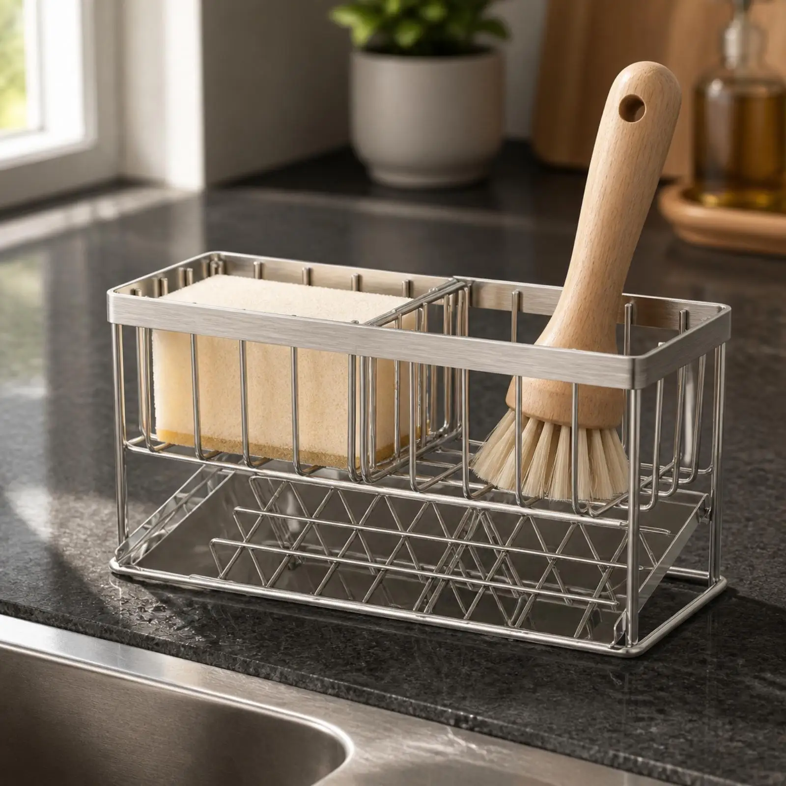 Sponge Storage Rack Stainless Steel Kitchen Sink Caddy Holder for Dishwashing Sponge Drying Stand Compact Organizer for