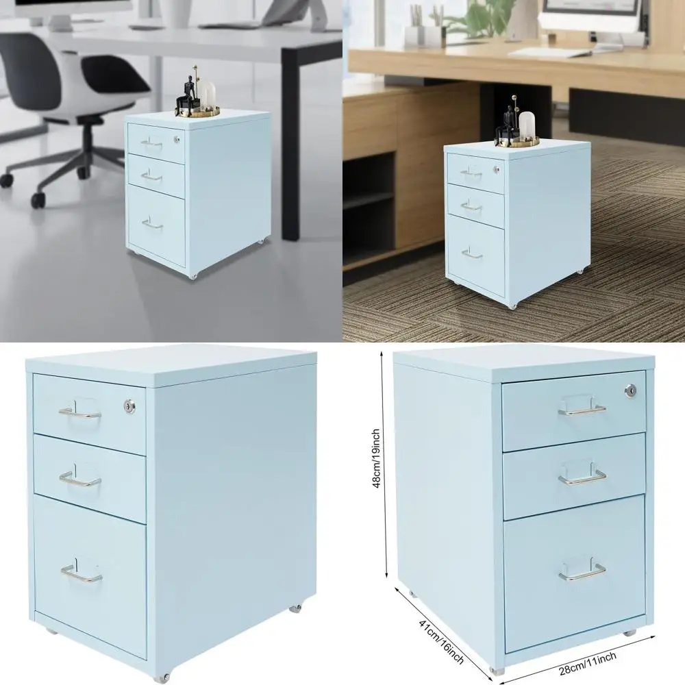 

Blue 3-Drawer Letter-Size Vertical File Cabinet with Lock for Home Office Storage and Printer Stand