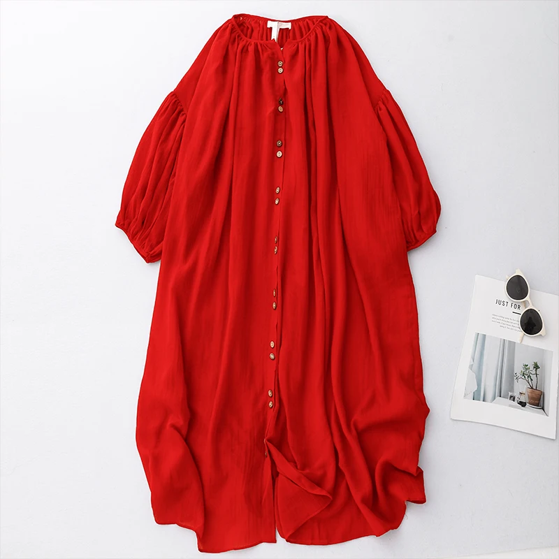 

Loose Cotton Linen Sun Protection Shirt Red Lantern Sleeve Long Open Cardigan Dress Women Spring Summer Ethnic Style plus Size