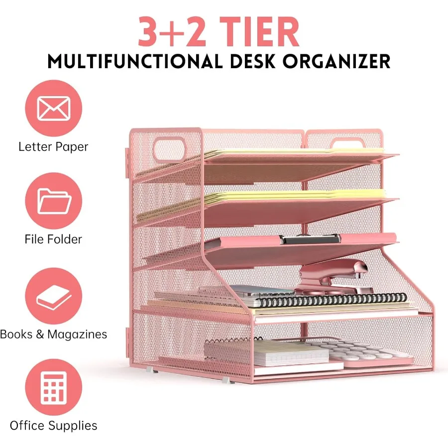 منظم ملفات مكتبي مكون من 5 طبقات مع صينية ورق معدنية لتنظيم المكاتب المنزلية الفعالة وتصميم اللون الوردي لتعزيز Wor #6