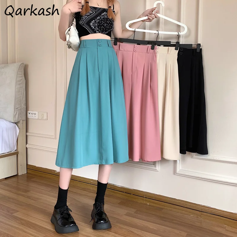 

Midi 4 Colors Skirts Women Summer Preppy Harajuku Solid All-match A-line Folds High Waist Females College Casual Girlish Sweet