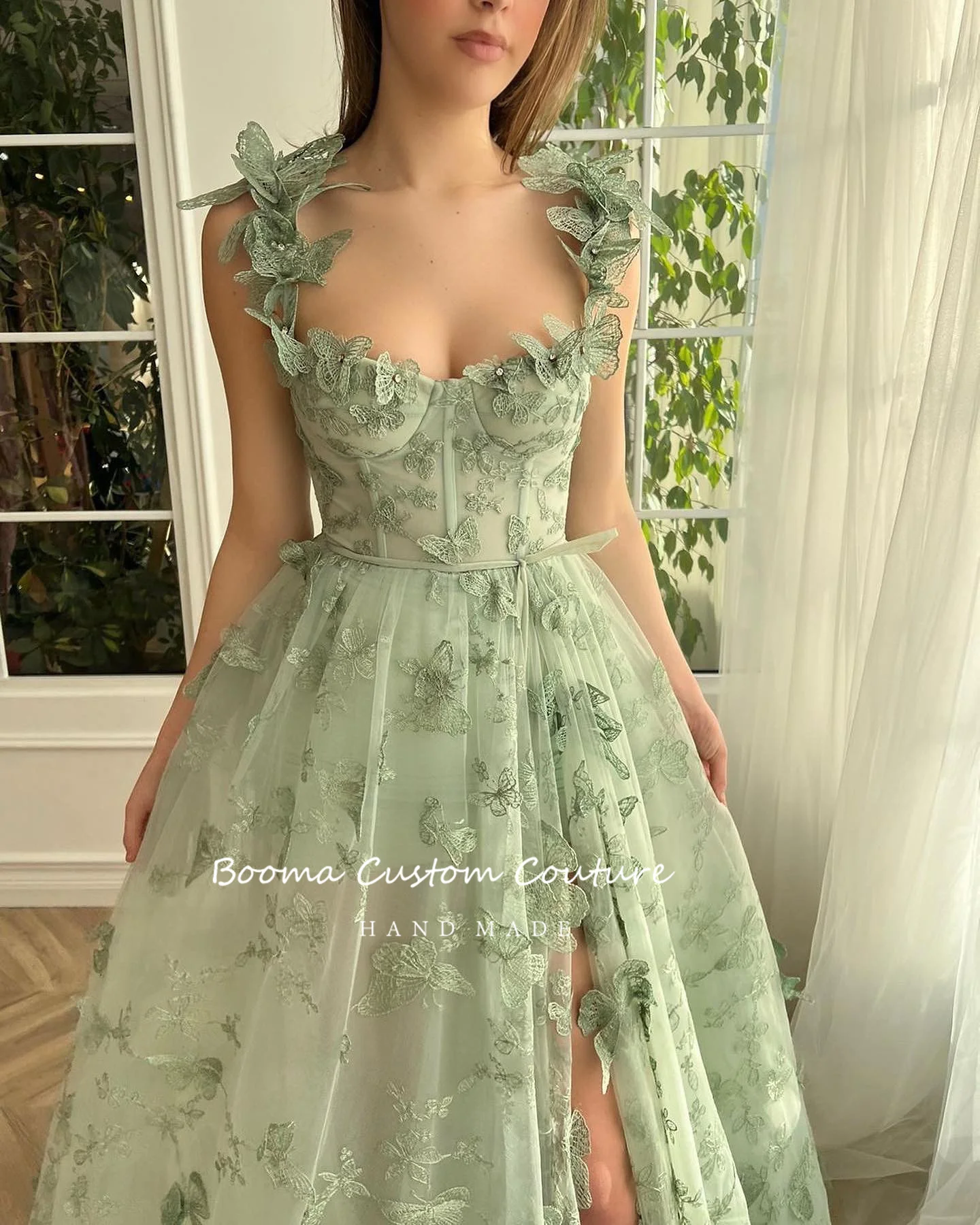 Booma Fairy Green Butterfly Lace Prom Dresses Spaghetti Straps High Slit A-Line Maxi Evening Party Dresses 2023 Prom Gowns