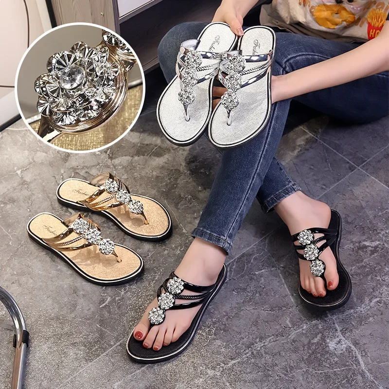 New Rhinestone Flip-flops Female Seaside Lightweight Casual Beach Shoes Non-slip Comfort Flat Sandals Sapatos Femininos