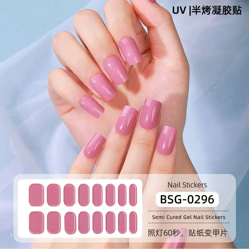 16/20/22/24 Strips Semi-cured Gel Nail Stickers New Solid Color Semi-baked Nail Patches Full Cover Nail Decals UV Lamp Need