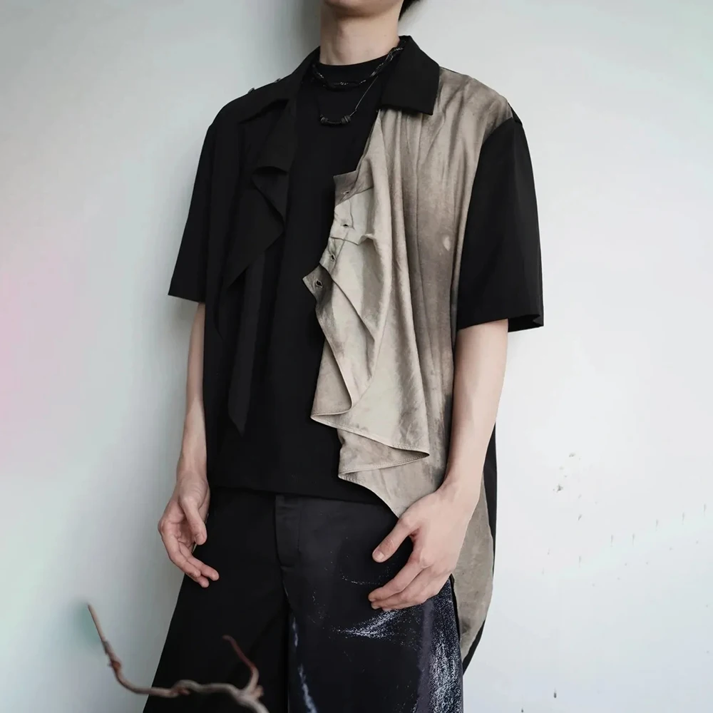 Y2k Dyed Splicing Placket Shirt Genderless Summer Streetwear Fashion Youth Campus All-Match Personality Short-Sleeve Tops 2025
