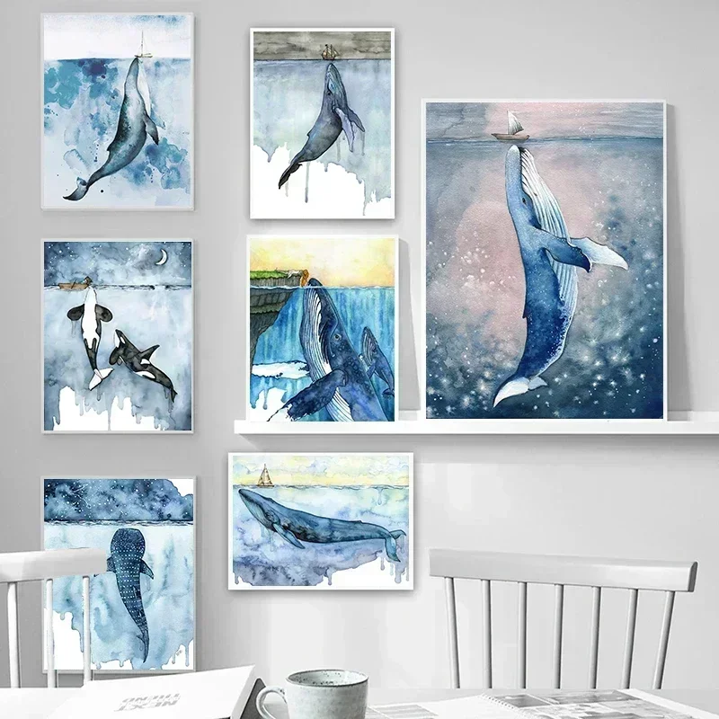1pc frameless Canvas Painting Abstract Wall Art Watercolour Sea Animals Whale Mural HD Canvas Printed Poster Home Living Room Be