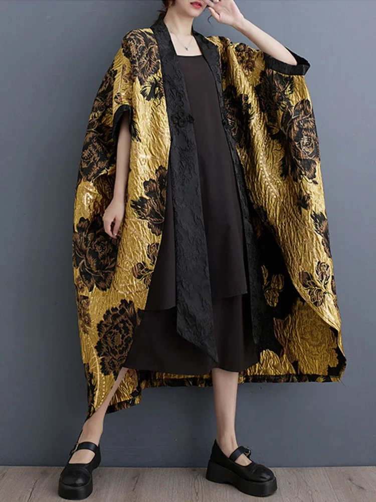 XITAO Bat Wing Sleeve Female Trench Flowers New Chinese Style Women Yellow Patchwork Vintage Loose 2023 Winter Coat DMJ3790