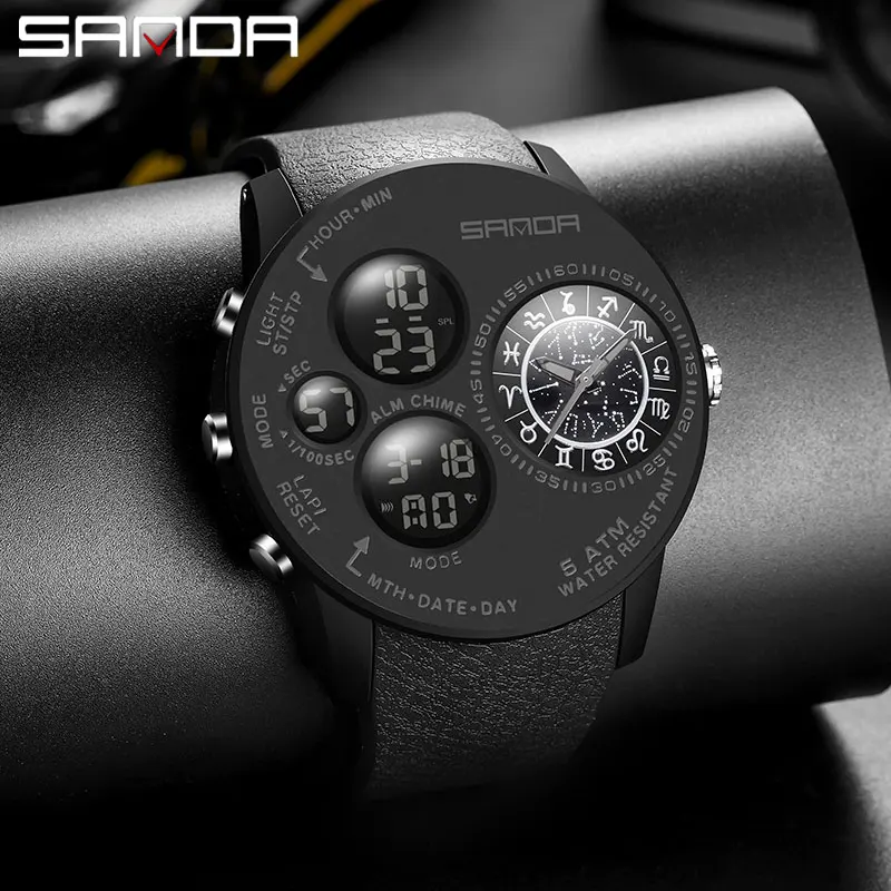 SANDA 2024 Fashion Outdoor Mens Watches Top Brand Military Sports Quartz Watch Dual Display Creative Wristwatch Waterproof Clock