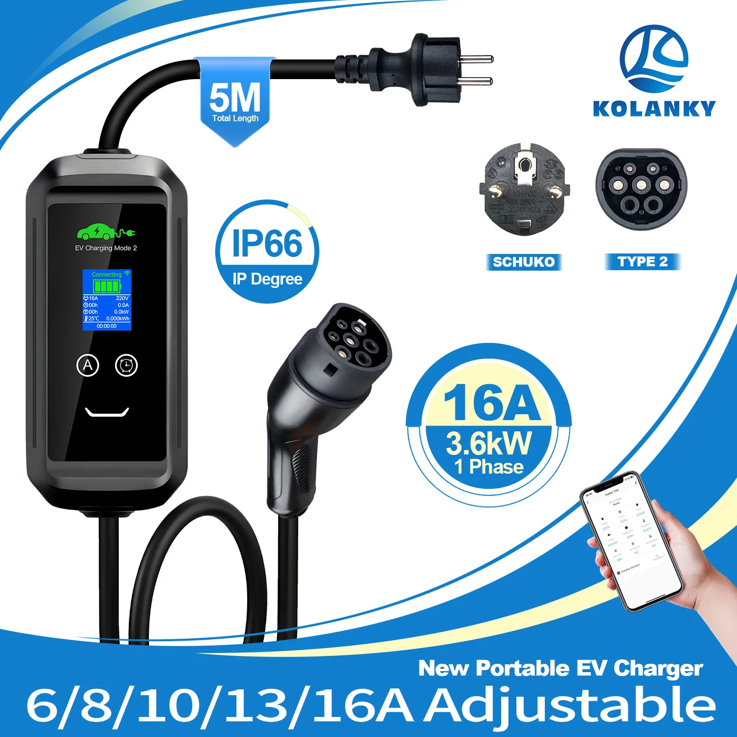 Kolanky شاحن سيارات كهربائية محمول Type2 IEC 62196 شاحن سيارة كهربائية 3.6KW 16A 1Phase EVSE Wallbox EV محطة شحن IP66 Tuya APP #1