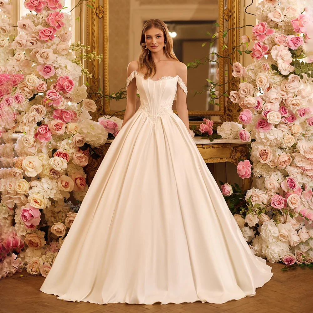 Customized Off Shoulder Sweetheart Neckline A-Line Satin Wedding Dress Sexy Lace-up Back Floor Length Sweep Train Gown For Bride