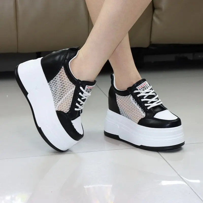 12CM Height Increase Women Platform Sneakers White Mesh Hollow Breathable Spring Summer Elevator Shoes Comfortable Thick Casual