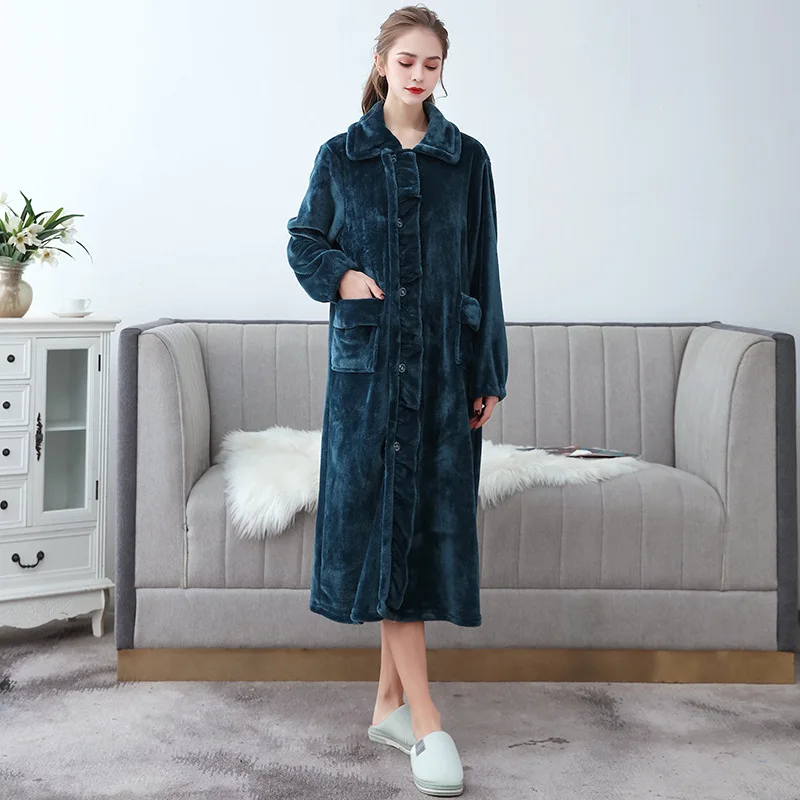 Autumn Winter Long Flannel Bathrobe Home Wear Clothes Dressing Gown Women\'s Coral Fleece Soft Nightdress Warm Bath Robes