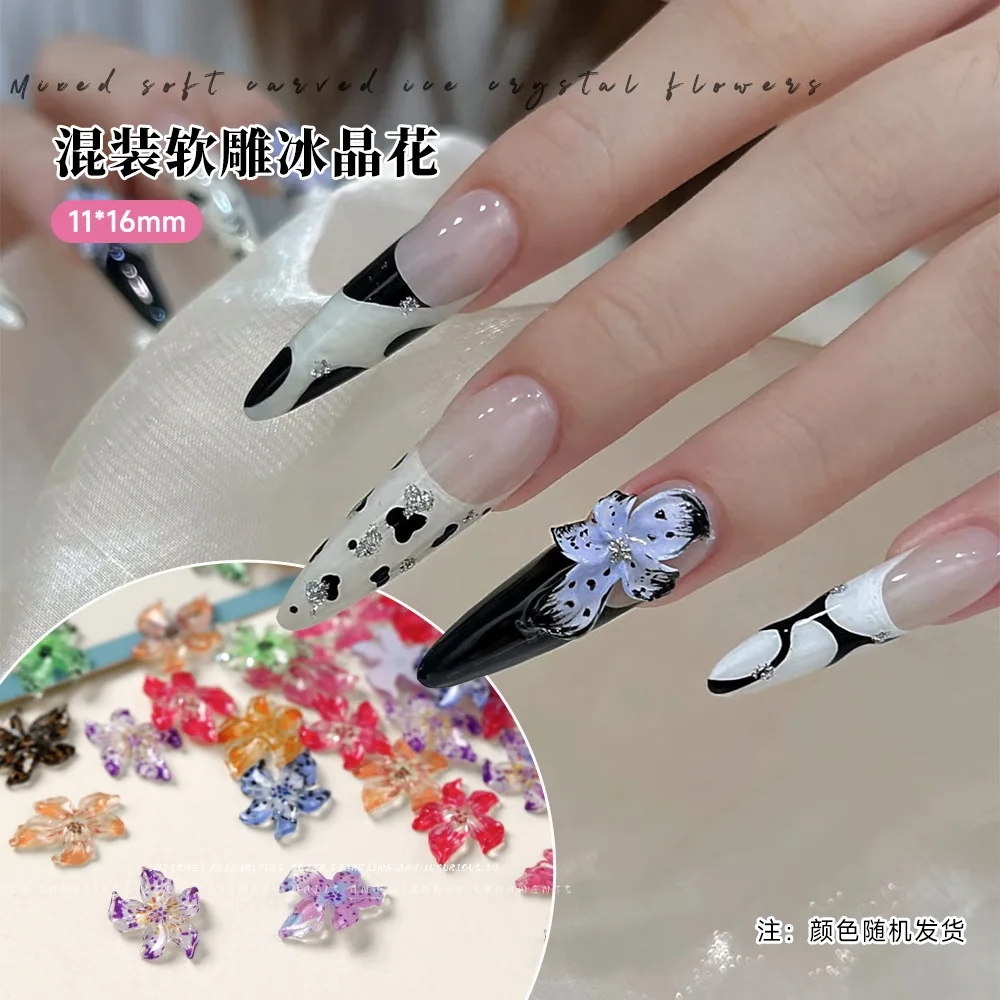 20pcs Cute 3D Nail Art Flower Nail Charms Parts Mixed Color Jelly Resin Lily Flower Ice Crystal Glitter Luxury Nails Decoration