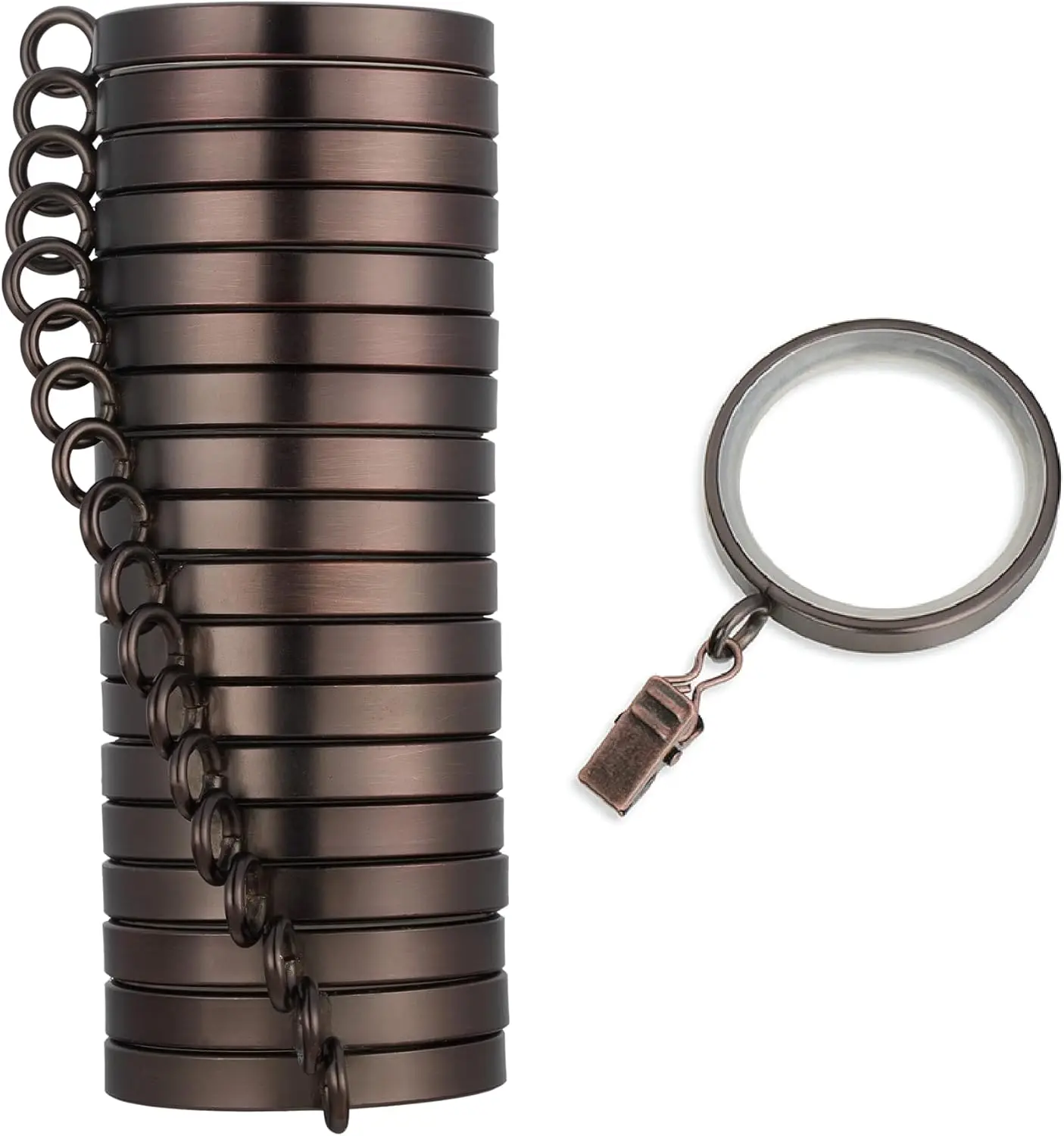 

Кольца для штор Premium Easy Glide, 18 штук, металлические с гладкими нейлоновыми вставками и зажимами, отделка под бронзу с эффектом масляной пропитки.