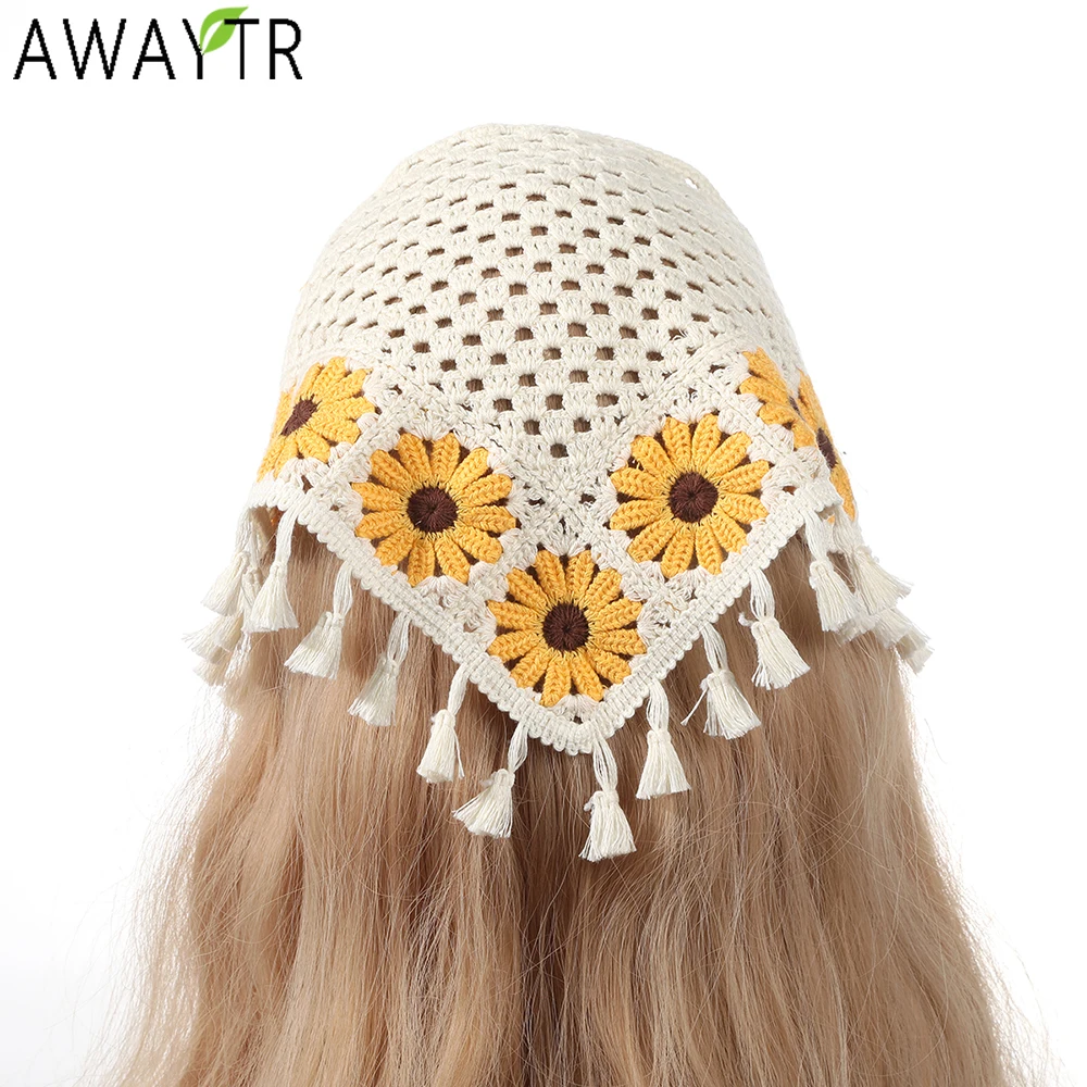 AWAYTR Manual Sunflower Headband Hair Scarf Bands for Women Party Headwear Knitted Bandana Turban Hairband Headpiece