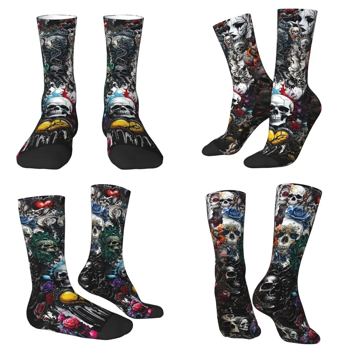 

Художественные носки с черепом в форме сердца и розы, впитывающие пот чулки в стиле Харадзюку, всесезонные длинные носки, аксессуары для подарка на день рождения унисекс