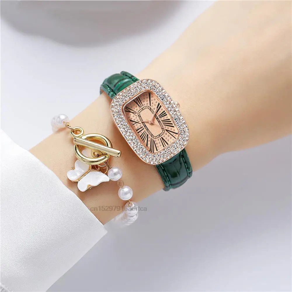 Women's Fashion Full drill Gypsophila Quartz Watches Pigeon Egg design Ladies Watch Luxury Bamboo Stripe Leather Strap Clock