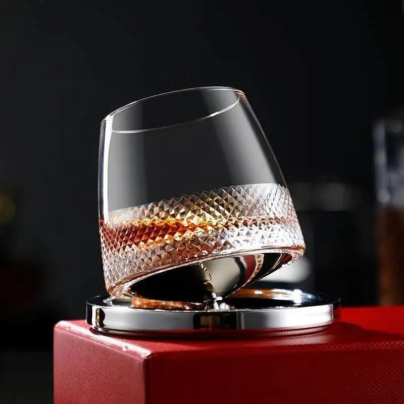 

2023 Latest Design Whiskey Glass Decanter Sommelier Rotating Tasting Wine Cup Gift Brandy Whisky Enjoy Mug With Stainless Base