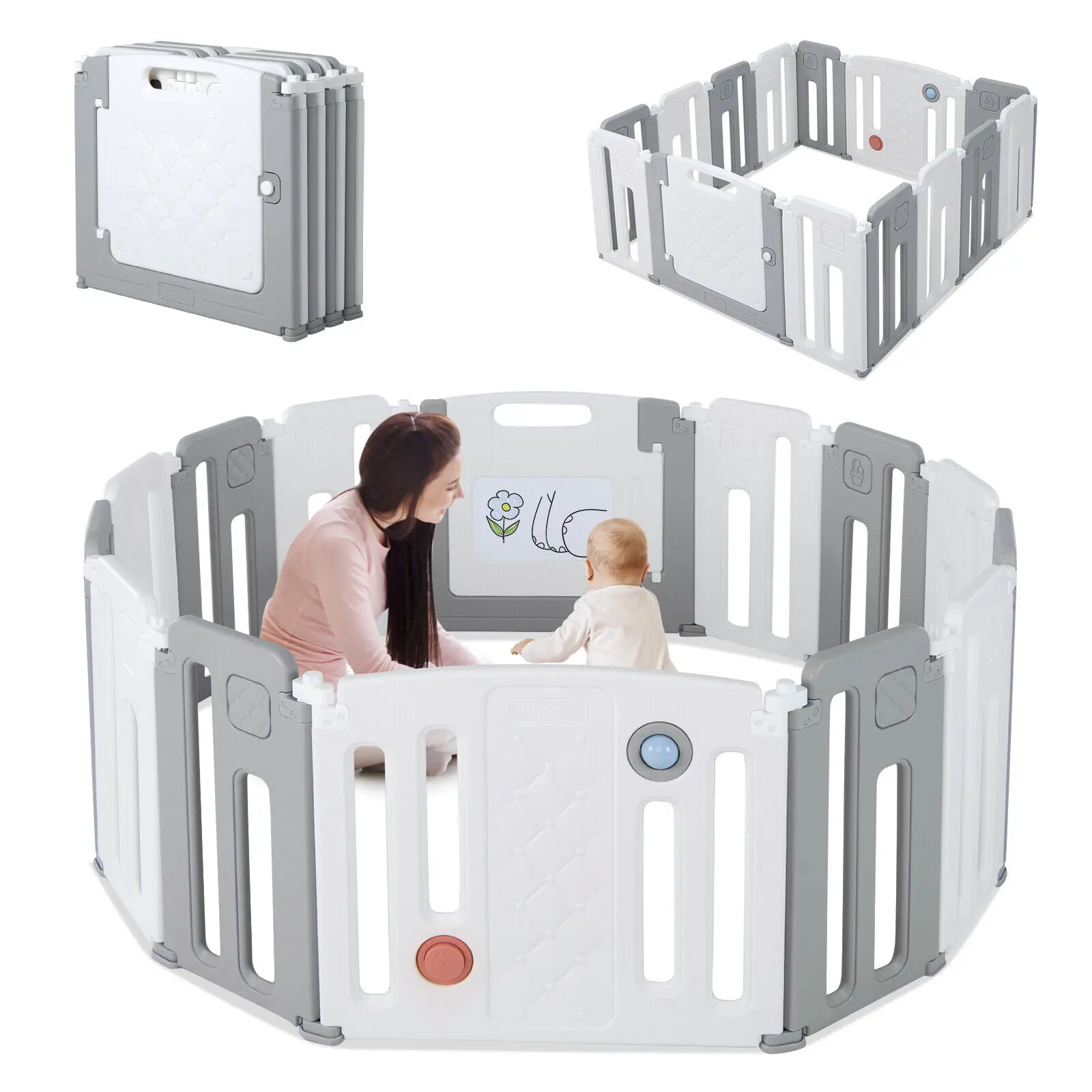 Babyjoy ASTM-Certified Baby Safety Playpen Toddler Yard w/ 14 Panels & Drawing Board