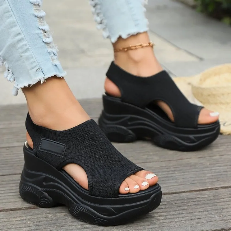 Brand Design Wedge Heel Sandals for Women 2024 Summer Knitted Fabric Platform Sandalias Mujer Buckle Thick Sole Gladiator Shoes