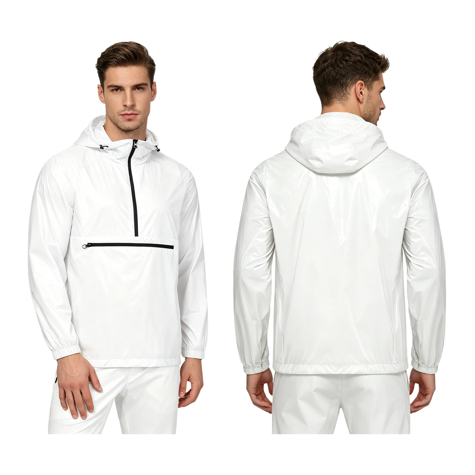 

Men Glossy Waterproof Hooded Jacket Long Sleeve Zipper Hip Hop Dance Sweatshirt Coat Hiking Fishing Cycling Windbreaker Raincoat