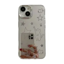 Cartoon INS Electroplated Cute Cat Line Phone Case for iPhone 16 15 14 13 Pro Max Back Plus Cover for 12 11 Pro Max Capa