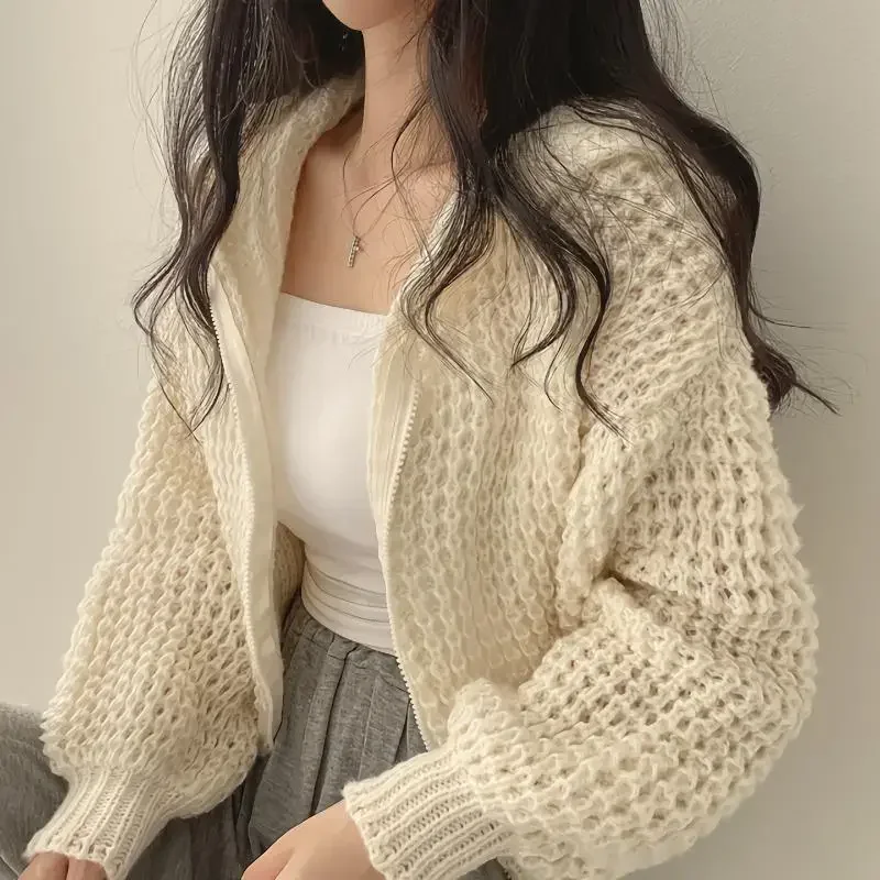 بلوفر نسائي غريب Verschluss Mantel ، كوري Herbst الشتاء Kapuze ، قمم Strickjacke Kurze ، تصميم Revers kargen ، توب فضفاض