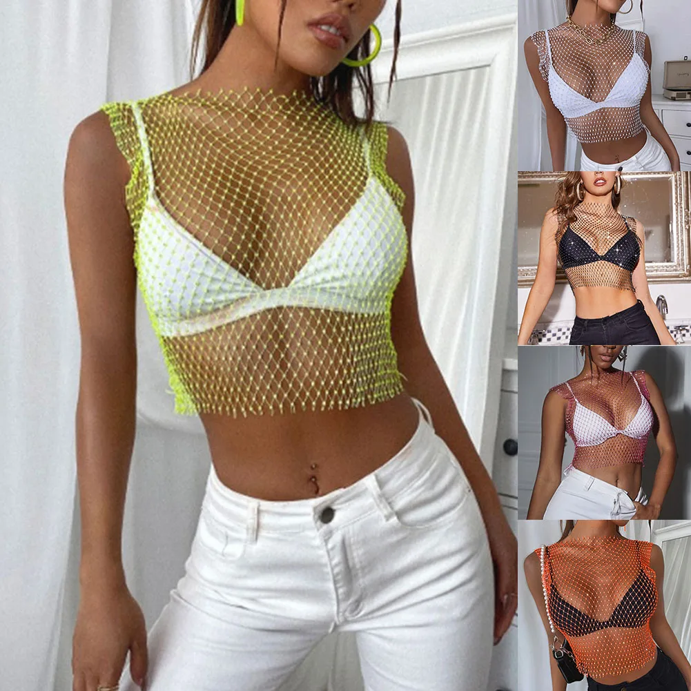 Mesh Crop Top Women Crop Top Crop Top Transparent Ventilation Comfortable Fish Hollow Out Mesh Party Rhinestone
