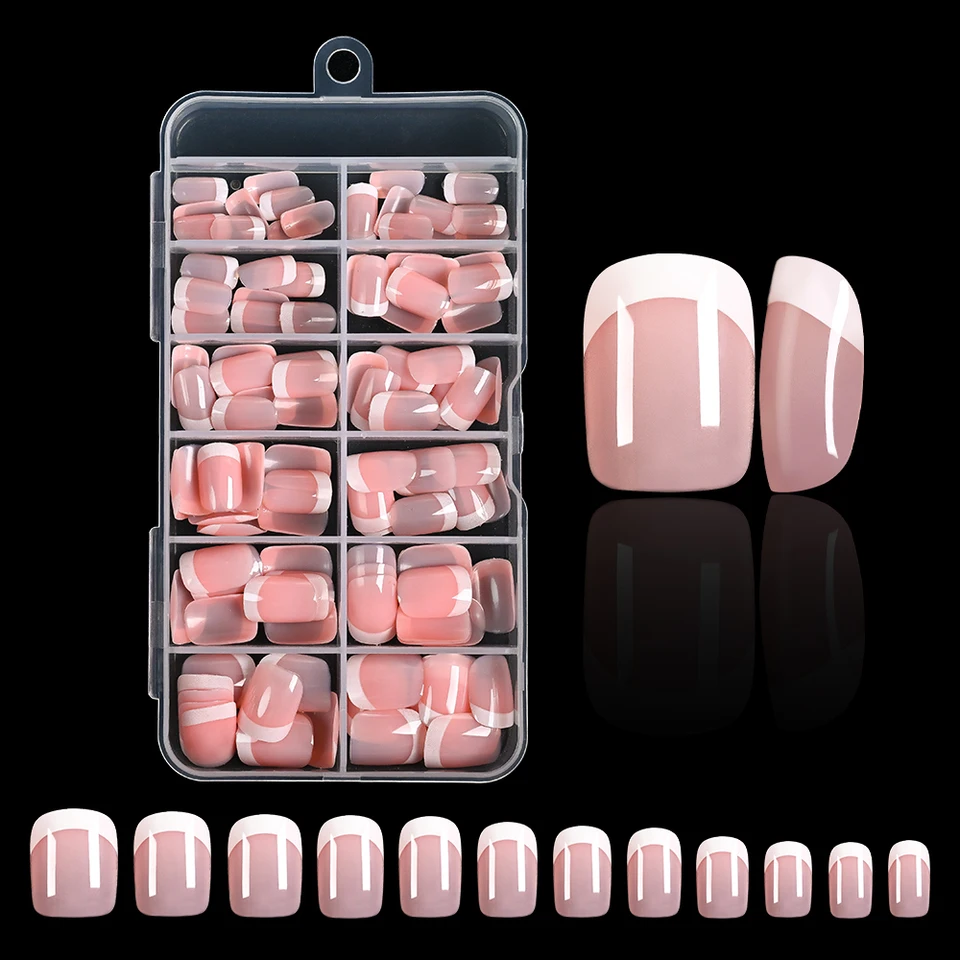 120 Uñas Postizas Francesas Rosas Cortas Cuadradas, 12 Tamaños, Cobertura Completa, Desmontables, Acabadas 3
