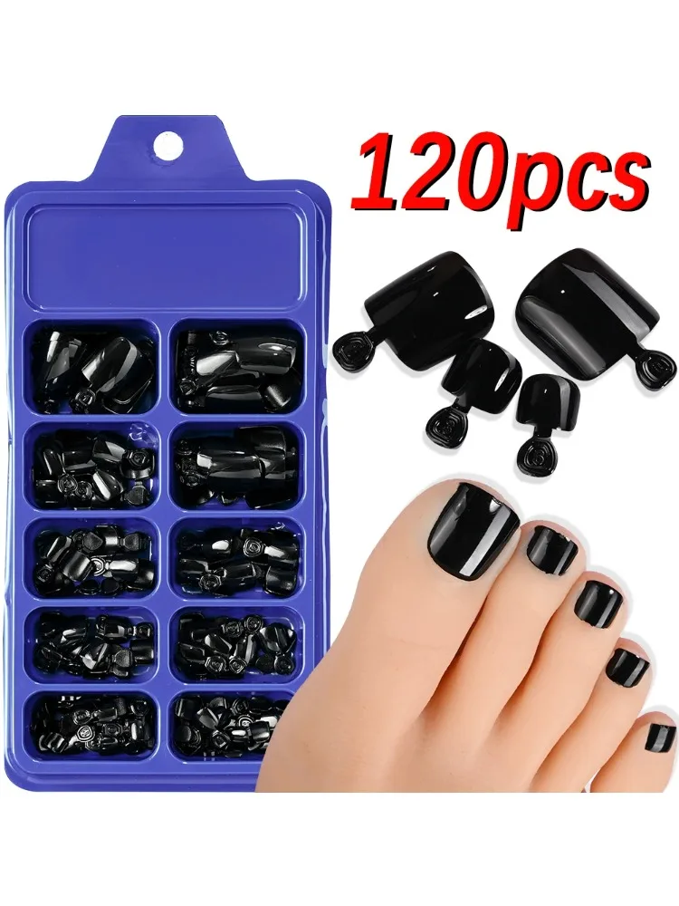 120 Stück Glänzend Schwarze Aufklebbare Zehennägel Kurze Eckige Vollabdeckung Künstliche Zehennagelspitzen für Sommer Damen Falsche Fußnagelverlängerung