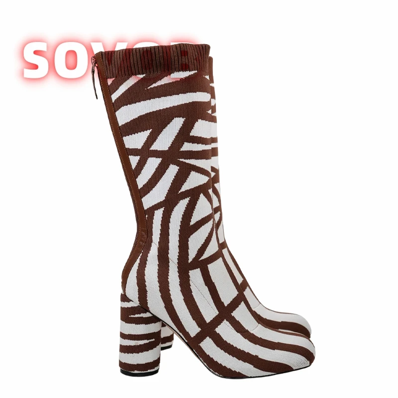 

Thick Thighs Stretch Mid-calf Boots Stretchy Knit Round Square Toe Boots Block Heels Full Zipper Boots Large Size Shoes 35-43