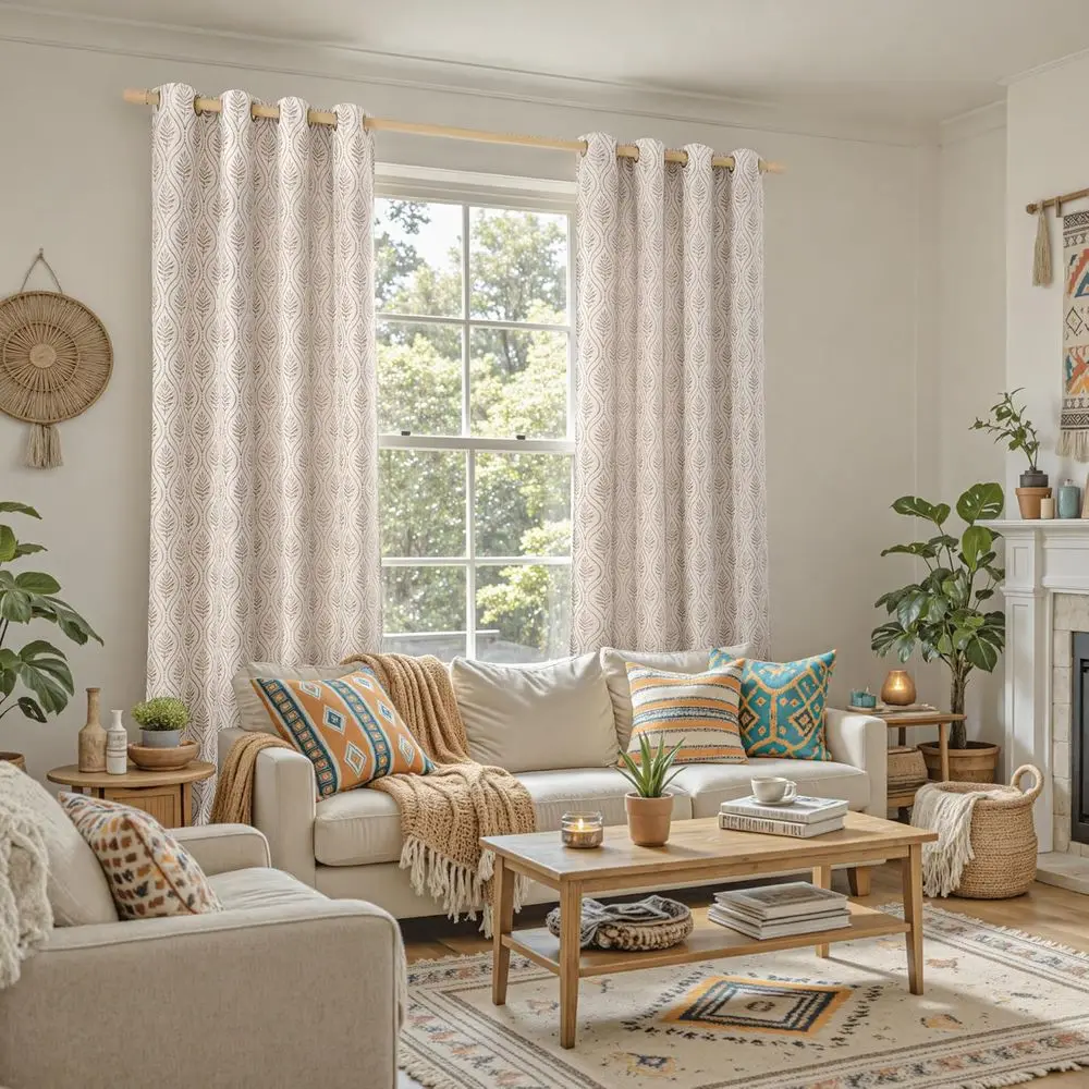 French Country-Style Semi-Sheer Linen Curtains with Leaf Pattern for Living Room, 2 Panels, 52x90