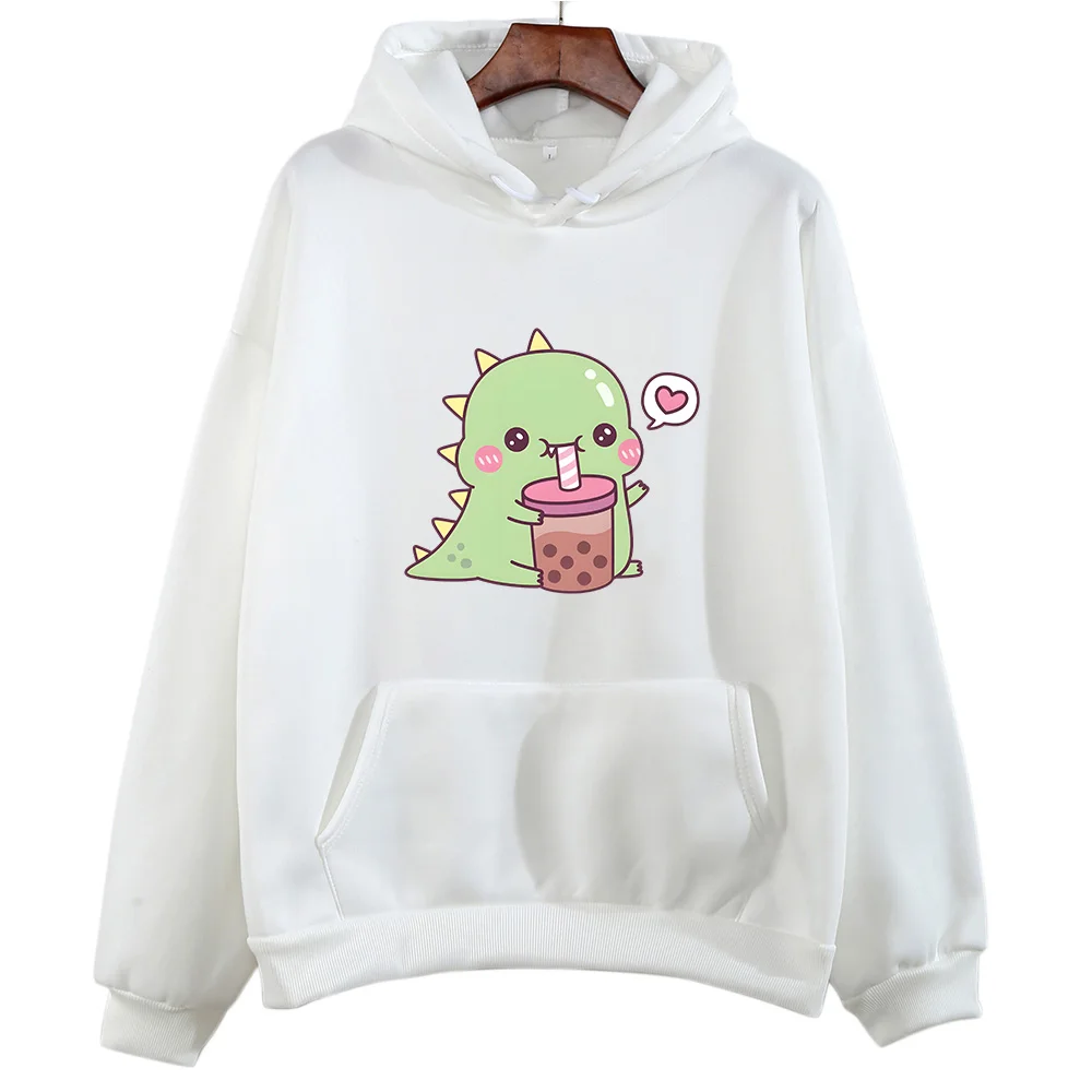 Kawaii/cute Boba Tea Dinosaur Hoodies Women/men Casual Sweatshirt Winter Fleece Clothing Long Sleeve Korean Aesthetic Pullover