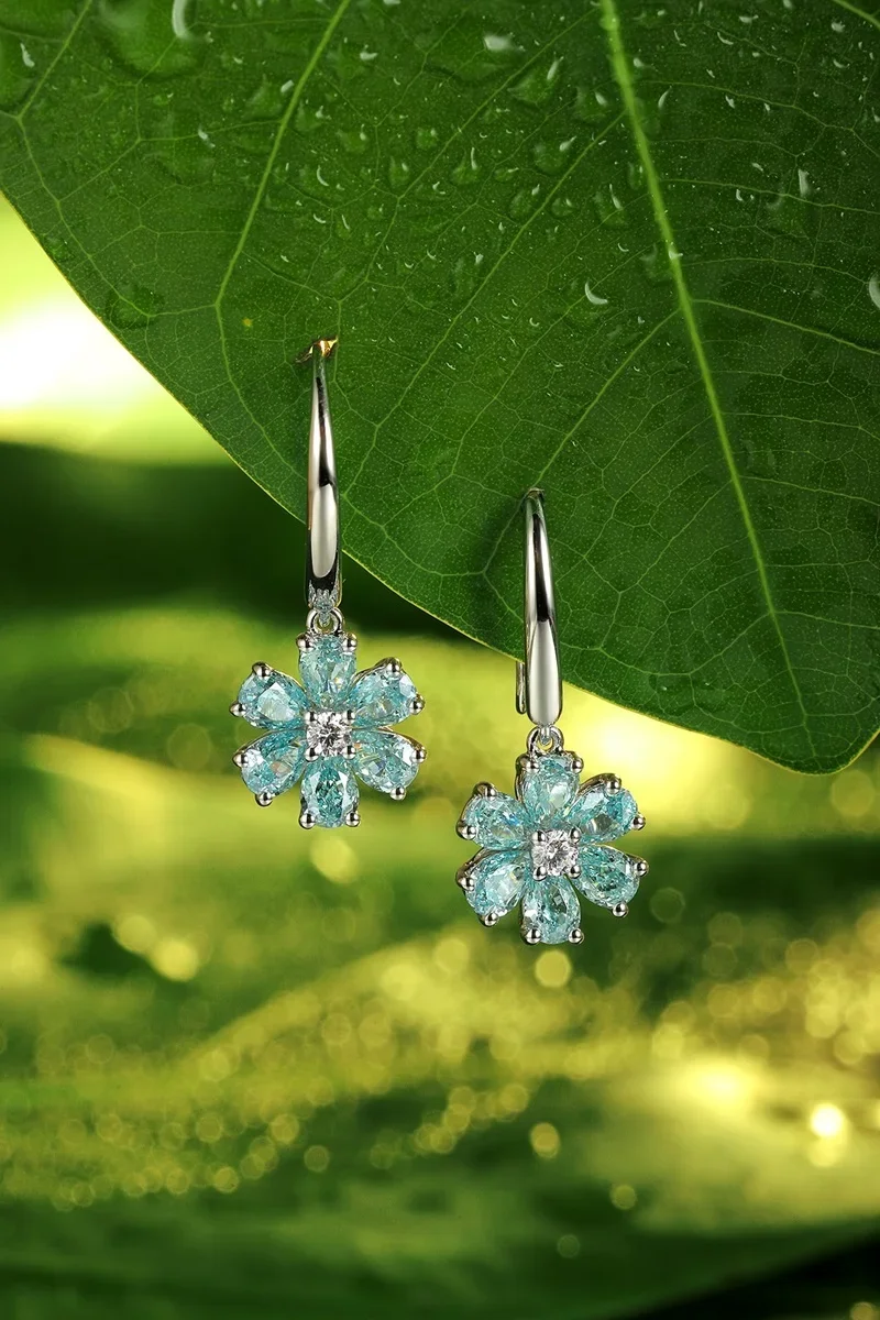 Ruif 925 Sterling Silver Exquisite Flower Lab Grown Paraiba Earrings for Women Fine Jewelry Girls Gifts